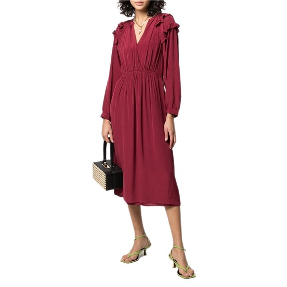 ba&sh Dresses & Skirts - ba&sh Burgundy Midi Dress with Ruffle Shoulders
